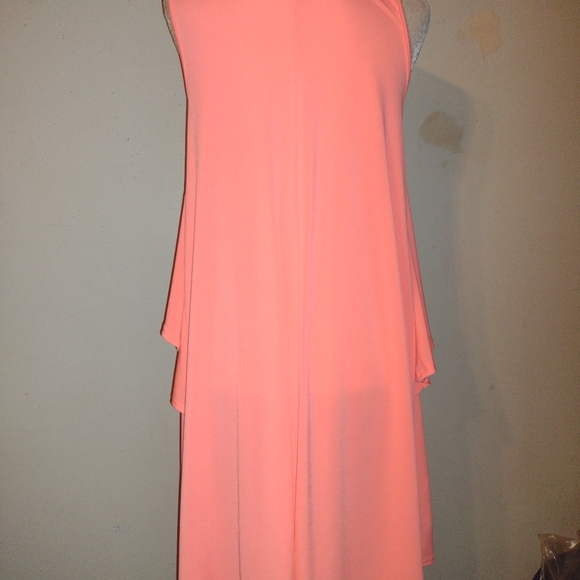 Hugh Sale dress in trendy neon in coral midi dress crossing vertical ruffle - Picture 4 of 7